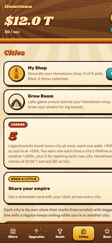 Cities tab showing shop decor, Grow Room, and Legend points