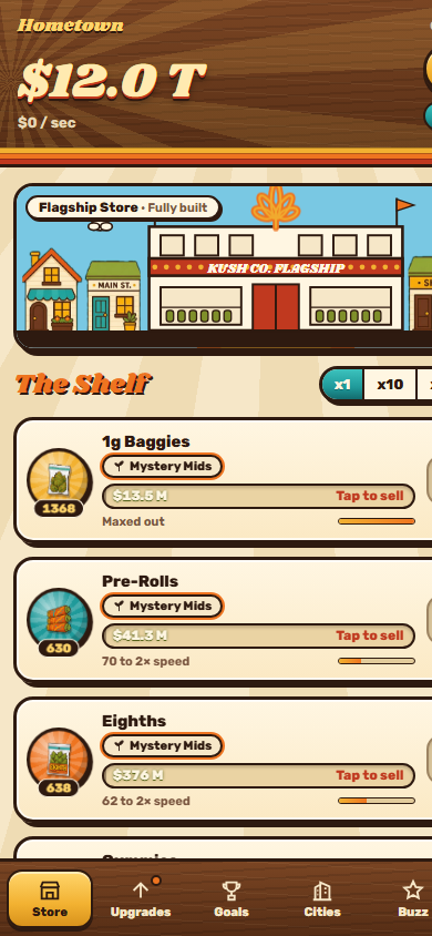 The Shelf -- shop screen with products and a built-out storefront
